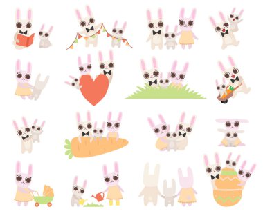 Anne, Baba ve Yavru ile Şirin Tavşan Ailesi Farklı Faaliyetlerde Birlikte Büyük Vektör Seti. Uzun Kulaklı Komik Orman Tavşanı