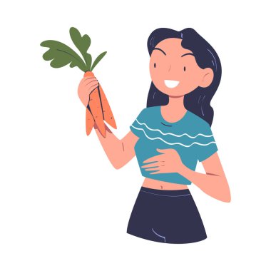 Olgun Havuç Sebzeli Vektör İllüstrasyonunu Toplayan Genç Kadın. Mevsimsel Toplama Çalışmalarına Katılan Kadın