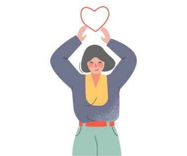 Aşk Yürekli Genç Kadın Tutku Vektörü İllüzyonu. Sevgi İfade Eden Kadın Sevgi ve Sevgi Konsepti