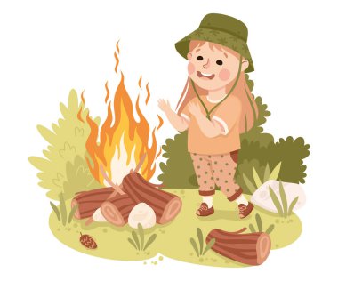 Cute Little Girl Near Burning Campfire Hiking and Trekking Exploring Nature Vector Illustration. Kid Explorer Enjoying Active Tourism Concept clipart