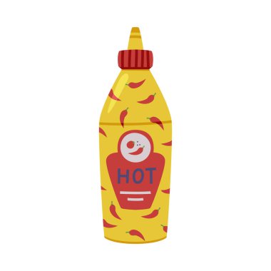 Plastik Şişede Acı ve Baharatlı Biber Sosu ve Etiket Vektörü İllüstrasyonu. Baharat olarak Piquant Sauce veya Salsa veya Keskin Mutfak Kullanımı Tadı Konsepti ile Baharat