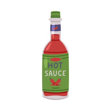 Acı ve Baharatlı Biber Sosu ve Etiket ve Cap Vector İllüstrasyonu. Baharat olarak Piquant Sauce veya Salsa veya Keskin Mutfak Kullanımı Tadı Konsepti ile Baharat