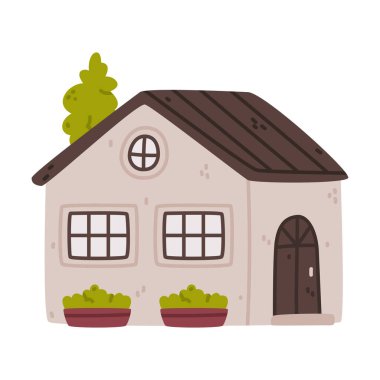 Çatısı ve Windows 'u olan Küçük Ev Ev Sahibi İllüstrasyonu. Şirin Şehir Binası ve Güzel İskandinav Konsepti