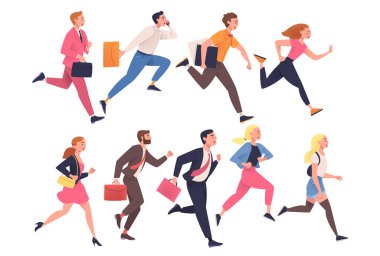 İnsanlar Hızlı Koşan Hızlı Karakter Geç Vektör İllüzyon Seti 'nin Paniği. Genç adam ve kadın aceleyle ileri ve hızlı koşuyor.