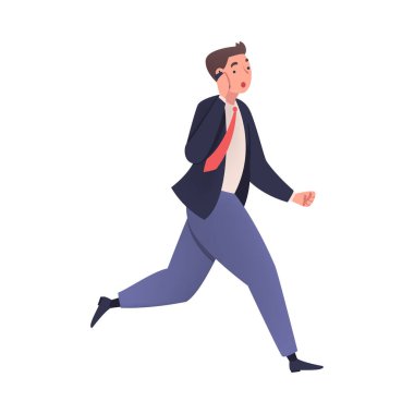 Man Character Hurrying Speaking by Phone Running Fast Feeling Panic of Being Late Vector Illustration. Young Male Rushing Forward and Sprinting Ahead in Haste Concept clipart