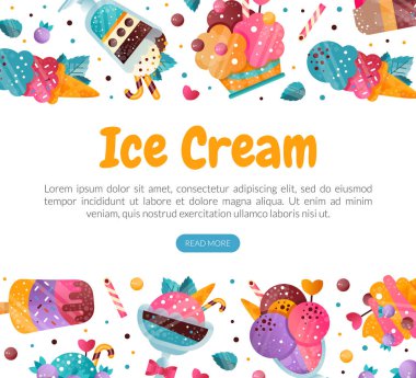 Donmuş Şekerli Dondurma Tasarımı ve Tatlı Tatlı Tatlı Vektör Şablonu. Şekerli Süt Ürünleri ile Reklam Afişi Lezzetli Gıda ve Yaz İçeceği Konsepti