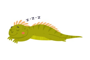 Uyuyan ve Horlayan Vektör İllüstrasyonlu Komik Yeşil İguana Karakteri. Dost Burunlu Tropikal Kertenkele Evcil Hayvanı