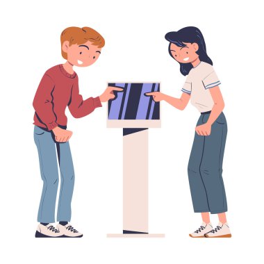 Man and Woman Character Using Information Board with Interactive Interface Vector Illustration. Young Male and Female Touching Screen on Electronic Terminal clipart