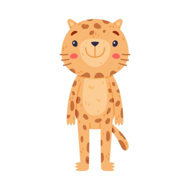 Benekli Kürk Duruşu ve Gülen Vektör İllüzyonu ile Şirin Küçük Jaguar. Güzel Burunlu Komik Vahşi Kedi Karakteri