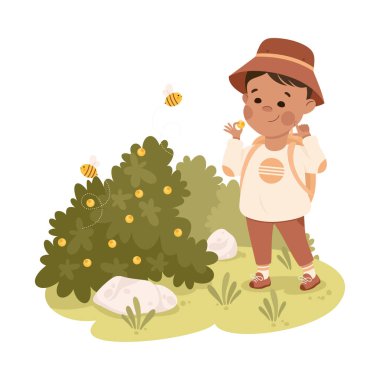 Cute Boy with Backpack Near Bush with Bees Hiking and Trekking Exploring Nature Vector Illustration. Little Kid Explorer Walking Along Trail or Footpath Enjoying Active Tourism Concept clipart