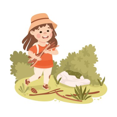 Cute Girl with Backpack Hiking Gathering Brushwood Vector Illustration. Little Kid Explorer Walking Along Trail or Footpath Enjoying Active Tourism Concept clipart