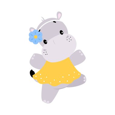 Sarı Elbiseli Yürüyen Vektör İllüstrasyonlu Şirin Hippo Karakteri. Afrika Memelisi ve Hayvanat Bahçesi Olarak Komik Hippopotamus