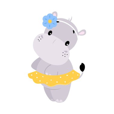 Sevimli Hippo Karakteri Noktalı Etek Vektör İllüzyonu Giyiyor. Afrika Memelisi ve Hayvanat Bahçesi Olarak Komik Hippopotamus