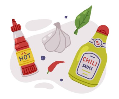 Şişe Vektör Kompozisyonu 'nda Acılı ve Baharatlı Biber Sosu. Katkı maddesi olarak Piquant Sauce veya Salsa veya Keskin Lezzet Konsepti ile Baharat