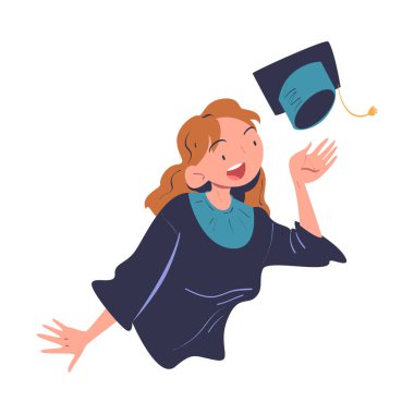 Neşeli Kadın Mezuniyet Karakteri Neşelenen ve Başarılı Sınav Vektörü İllüzyonunu Kutlayan Akademik Kaptanı Uçuruyor. Mezuniyet Günü 'nde Mutlu Bayan Üniversite Öğrencileri