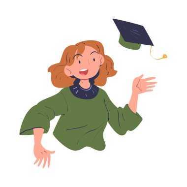 Neşeli Kadın Mezuniyet Karakteri Neşelenen ve Başarılı Sınav Vektörü İllüzyonunu Kutlayan Akademik Kaptanı Uçuruyor. Mezuniyet Günü 'nde Mutlu Bayan Üniversite Öğrencileri