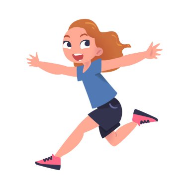 Neşeli ve Heyecanlı Mutlu Kız Zıplama Özgürlük Vektörü İllüzyonu. Neşeli Çocuk Neşeleniyor Tasasız Çocukluk Konsepti