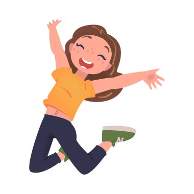 Neşeli ve Heyecanlı Mutlu Kız Zıplama Özgürlük Vektörü İllüzyonu. Neşeli Çocuk Neşeleniyor Tasasız Çocukluk Konsepti