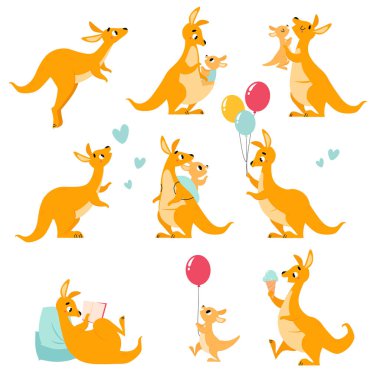 Cute Brown Kangaroo Marsupial Character with Little Joey Vector Set. Wallaby Australian Animal with Baby Leaping and Carrying Balloon Concept clipart