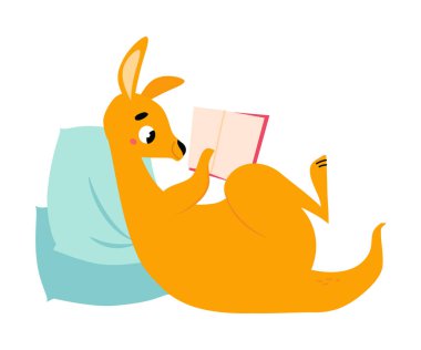 Şirin Kahverengi Kanguru Keseli Karakteri Yastık Okuyan Kitap Vektörü İllüstrasyonuna dayanıyor. Büyük Ayak ve Uzun Kuyruk Konsepti ile Komik Wallaby Avustralya Hayvanı