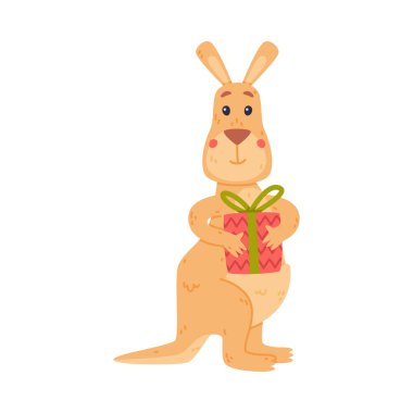 Funny Kangaroo Marsupial Animal Holding Wrapped Gift Box Vector Illustration. Cute Australian Mammal with Long Tail and Powerful Hind Legs clipart