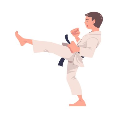 Kimono ve Kara Kuşak Giyen Karate Yapan Genç Adam Dövüş Sanatı Vektörü İllüzyonuna Bağlandı. Takım Elbiseli Erkek Dövüş Sporu Tekmeleme ve Yumruklama