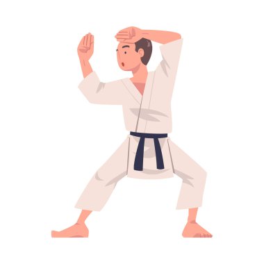 Kimono Giyen Karate Adam ve Kara Kuşak Dövüş Sanatı Vektörü İllüzyonu Uygulaması. Beyaz Takım Giyen Genç Erkek Dövüş Sporu Eğitimi