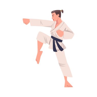 Kimono ve Kara Kuşak Giyen Karate Yapan Genç Adam Dövüş Sanatı Vektörü İllüzyonuna Bağlandı. Takım Elbiseli Erkek Dövüş Sporu Tekmeleme ve Yumruklama