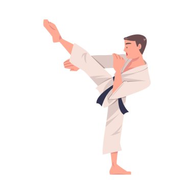 Kimono ve Kara Kuşak Giyen Karate Yapan Genç Adam Dövüş Sanatı Vektörü İllüzyonuna Bağlandı. Takım Elbiseli Erkek Dövüş Sporu Tekmeleme ve Yumruklama