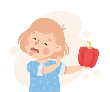 Küçük Kız Karakteri, Zil Biber Vektörü İllüzyonu 'nu Sevmeme ve İğrenme Gösteriyor. Seçici Çocuk Sebzelerden Nefret Ediyor Sağlıklı Yemek Yemeyi Reddediyor