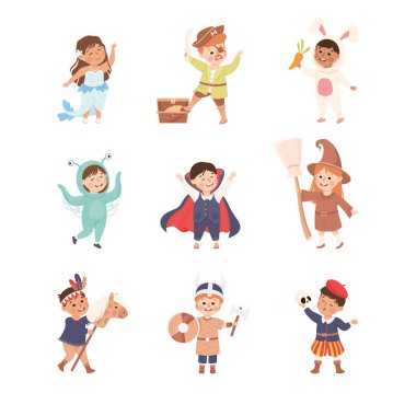 Tiyatro Kostümlü Komik Çocuk Oyuncular Performans Vektörü Seti Gösteriyor. Sahnede Tiyatro Elbisesi Giyen Küçük Çocuklar