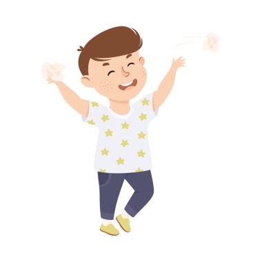 Küçük zorba çocuk buruşuk kağıtları fırlatıyor. Kabadayı okul çocuğu çizgi film vektör çizimi beyaza izole edildi