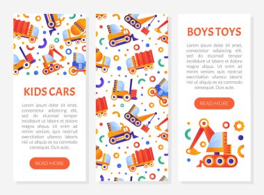 Çocuklar oyuncaklar web sayfası şablonu. Oyuncak mağazası iniş sayfası, sevimli inşaat makineleri ile mobil uygulama dikişsiz model düz vektör illüstrasyonu
