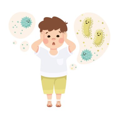 Küçük Çocuk, Bubble 'daki Virüs ve Bakteri' nin Fantezi Vektör Resmini Hayal Ediyor. Hayal gücü ve Hayal gücü olan komik çocuk. Hayal dünyasında muhteşem bir resim.