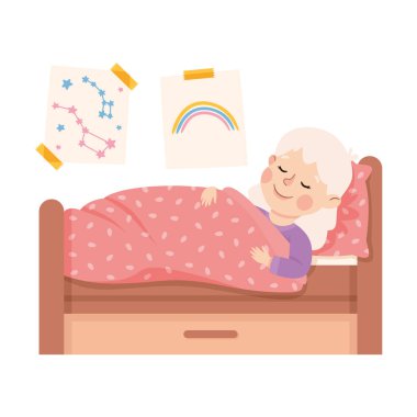 Küçük kız battaniye altında yatağında uyuyor. Gece Dinlenme Vektörü illüstrasyonu yapıyor. Komik çocuk yatak odasında uzanıyor Yatma zamanı