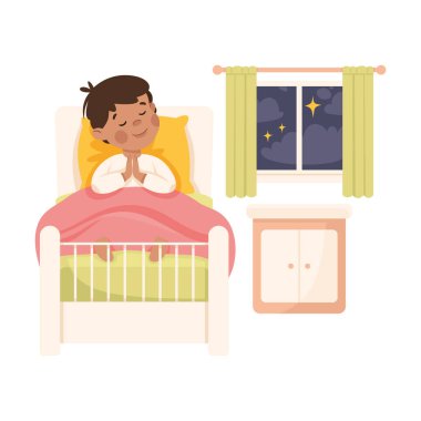 Küçük çocuk battaniyenin altında yatağında dua ediyor. Gece Dinlenme Vektörü ilüstrasyonundan önce. Komik çocuk yatak odasında uzanıyor. Yatma vakti.