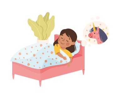 Küçük kız battaniye altında yatağında uyuyor. Gece Dinlenme Vektörü illüstrasyonu yapıyor. Komik çocuk yatak odasında uzanıyor Yatma zamanı