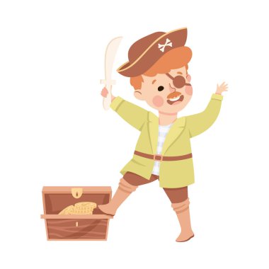 Korsan Kostümlü Küçük Erkek Oyuncu Kılıç Gösterme Gösterisi Vektör İllüzyonu. Sahnede Tiyatro Elbisesi Giyen Sevimli Çocuk