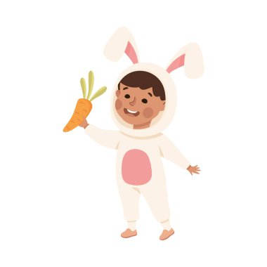 Little Boy Actor in Theater Costume of Bunny with Carrot Showing Performance Vector Illustration. Cute Kid Wearing Theatrical Dress Performing on Stage clipart