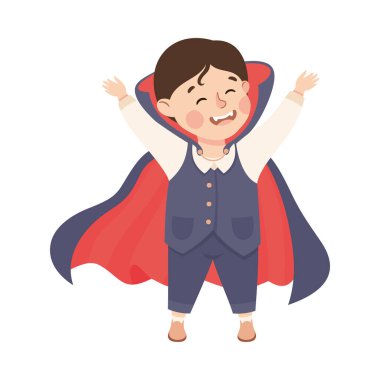 Little Boy Actor in Theater Costume of Count Dracula Showing Performance Vector Illustration. Cute Kid Wearing Theatrical Dress Performing on Stage clipart