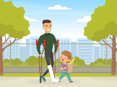 Nazik küçük çocuk engelli bir adamın alışveriş çantasını taşımasına yardım ediyor. Terbiyeli çocuk, terbiyeli ve çizgi film vektör illüstrasyonuna saygılı.