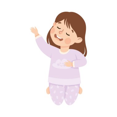 Dizleri bükülmüş, yerde oturmuş dua eden küçük kız illüstrasyonuyla. Tanrı 'ya Tapan Tatlı Çocuk Duası