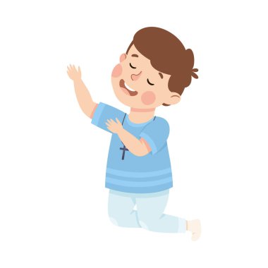 Dizlerinin üzerinde oturmuş dua eden küçük çocuk vektör illüstrasyonu. Tanrı 'ya Tapan Tatlı Çocuk Duası