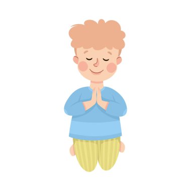 Dizlerinin üzerinde oturmuş dua eden küçük çocuk vektör illüstrasyonu. Tanrı 'ya Tapan Tatlı Çocuk Duası