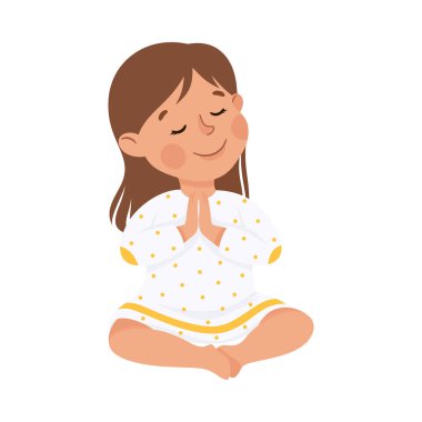 Bükülmüş Bacak Vektörü İllüstrasyonuyla Yerde Oturan Küçük Kız. Tanrı 'ya Tapan Tatlı Çocuk Duası