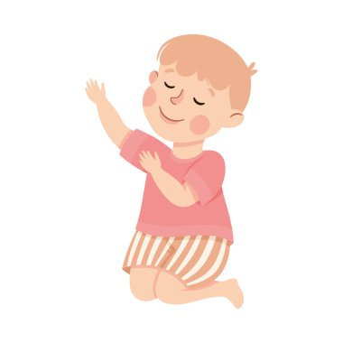 Dizlerinin üzerinde oturmuş dua eden küçük çocuk vektör illüstrasyonu. Tanrı 'ya Tapan Tatlı Çocuk Duası