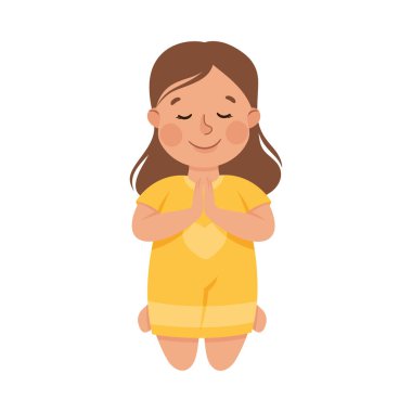 Bükülmüş Bacak Vektörü İllüstrasyonuyla Yerde Oturan Küçük Kız. Tanrı 'ya Tapan Tatlı Çocuk Duası