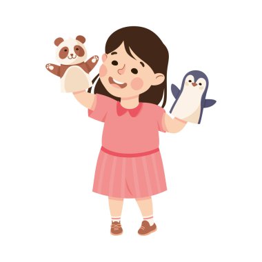 Küçük mutlu kız el kuklası oynuyor. Oyuncaklarla oynayan mutlu çocuk beyaz üzerinde izole edilmiş vektör çizimi yapıyor.