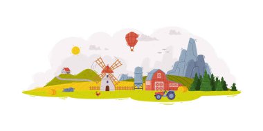 Dağ, Tarla ve Yel Değirmeni ile Barn Vector İllüstrasyonlu İdealist Kırsal Manzara. Açık Ortam Görünümü Konsepti