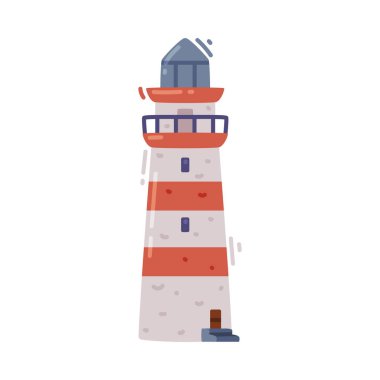 Kırmızı ve Beyaz Deniz Feneri Binası Denizci Navigasyon Vektör Resimleri için Kule olarak kullanılıyor. Fener Kıyı Çizgisi Kavramında Dinlenirken Lambalı Yapı